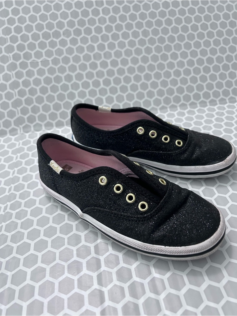 kate spade/Keds Black Glitter Sneakers  Gold Eyelets and Pink Lining. Size 11M